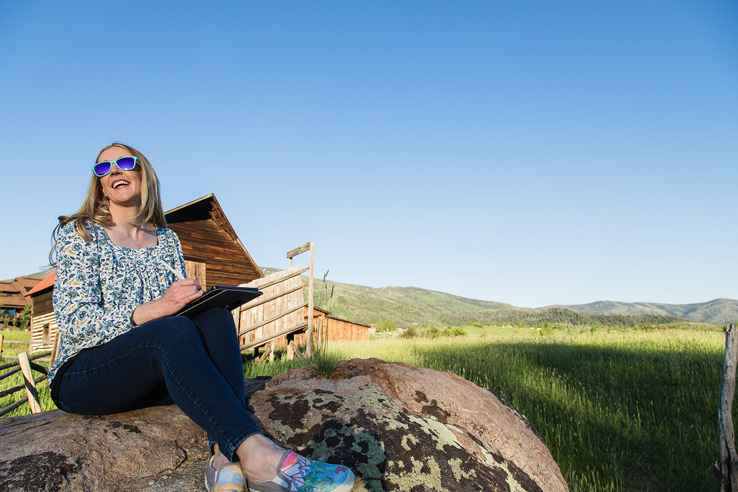 Tracy Tydeman working on her iPad in Steamboat Springs