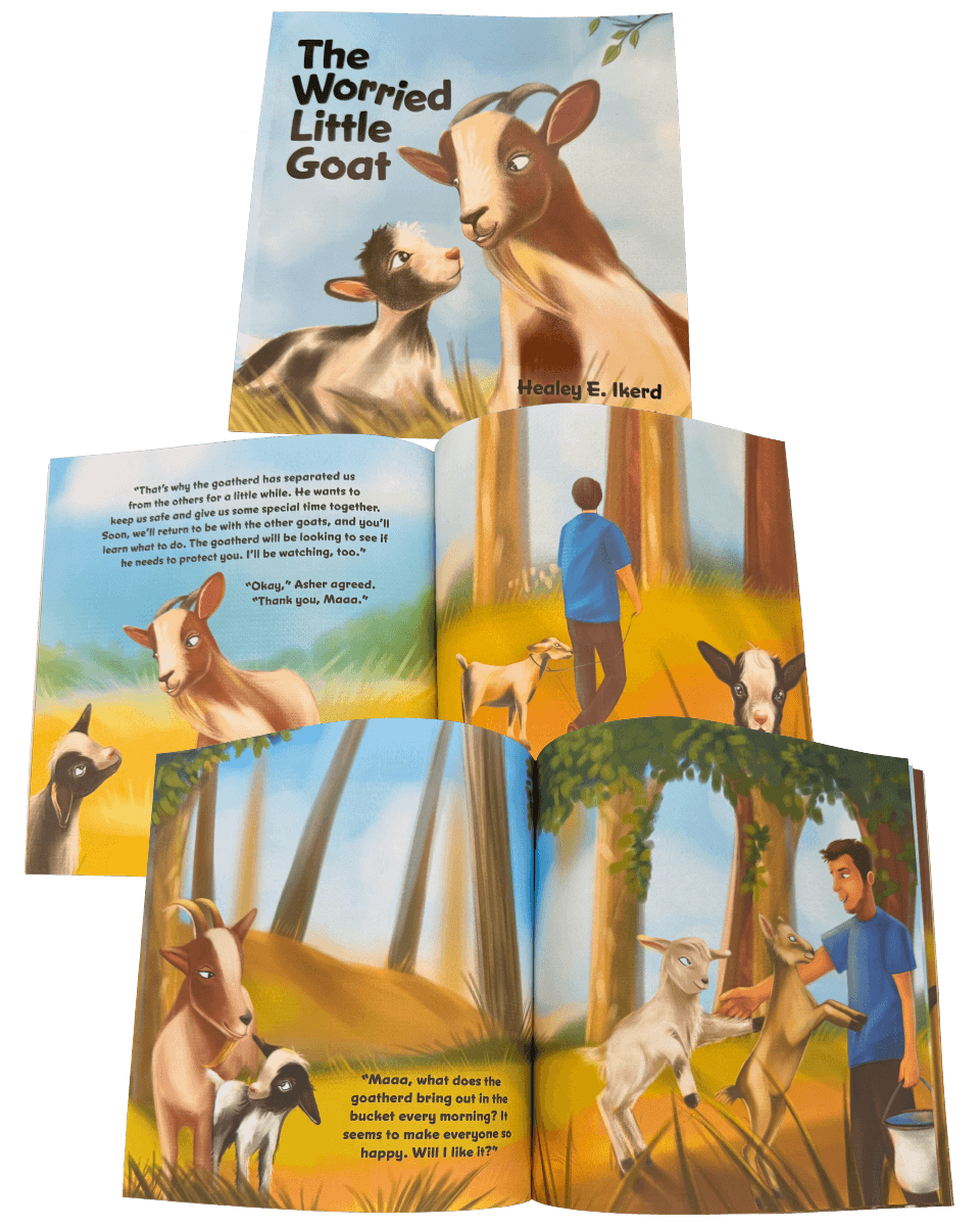 Photos of The Worried Little Goat Children's Book - Cover and 2 Interior Spreads